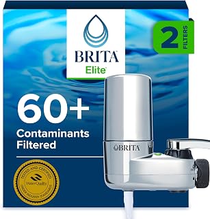Brita Elite Chrome Faucet Water Filter System, 2 Filters | 2 spray options, reduces 60+ contaminants, 4 month filter life, no tools install, replaces 1,800 bottles