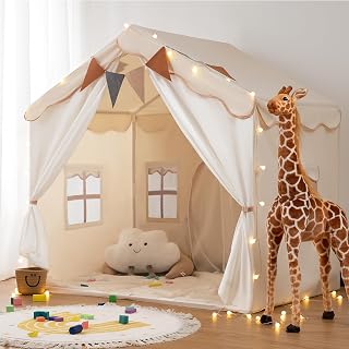 besrey 2-in-1 Kids Play Tent, Indoor Tent with Double Doors | 51" x 35" x 51", LED Lights, Soft Floor Mat, 4 Breathable Windows, Kids Playhouse, Reading Corner, Birthday Gift