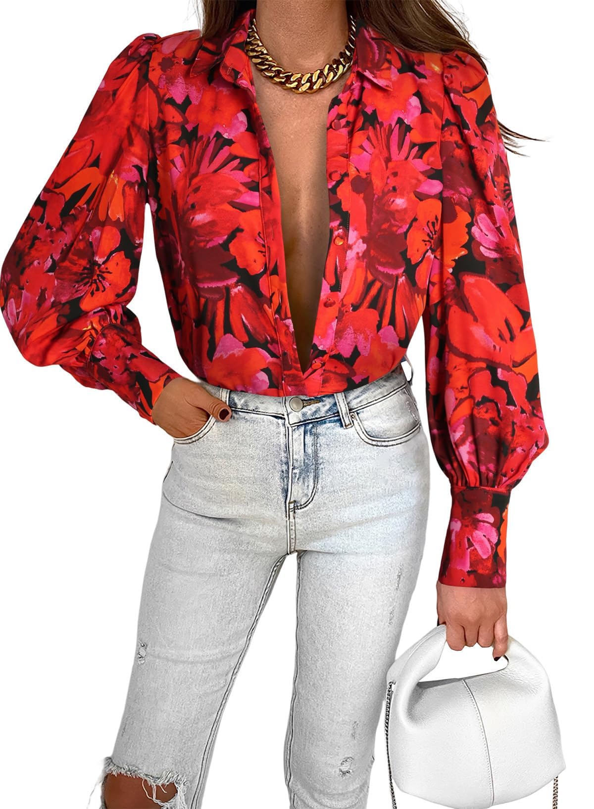 Zeagoo 2024 Fashion Casual Long Sleeve Printed Button Down Shirts for Women