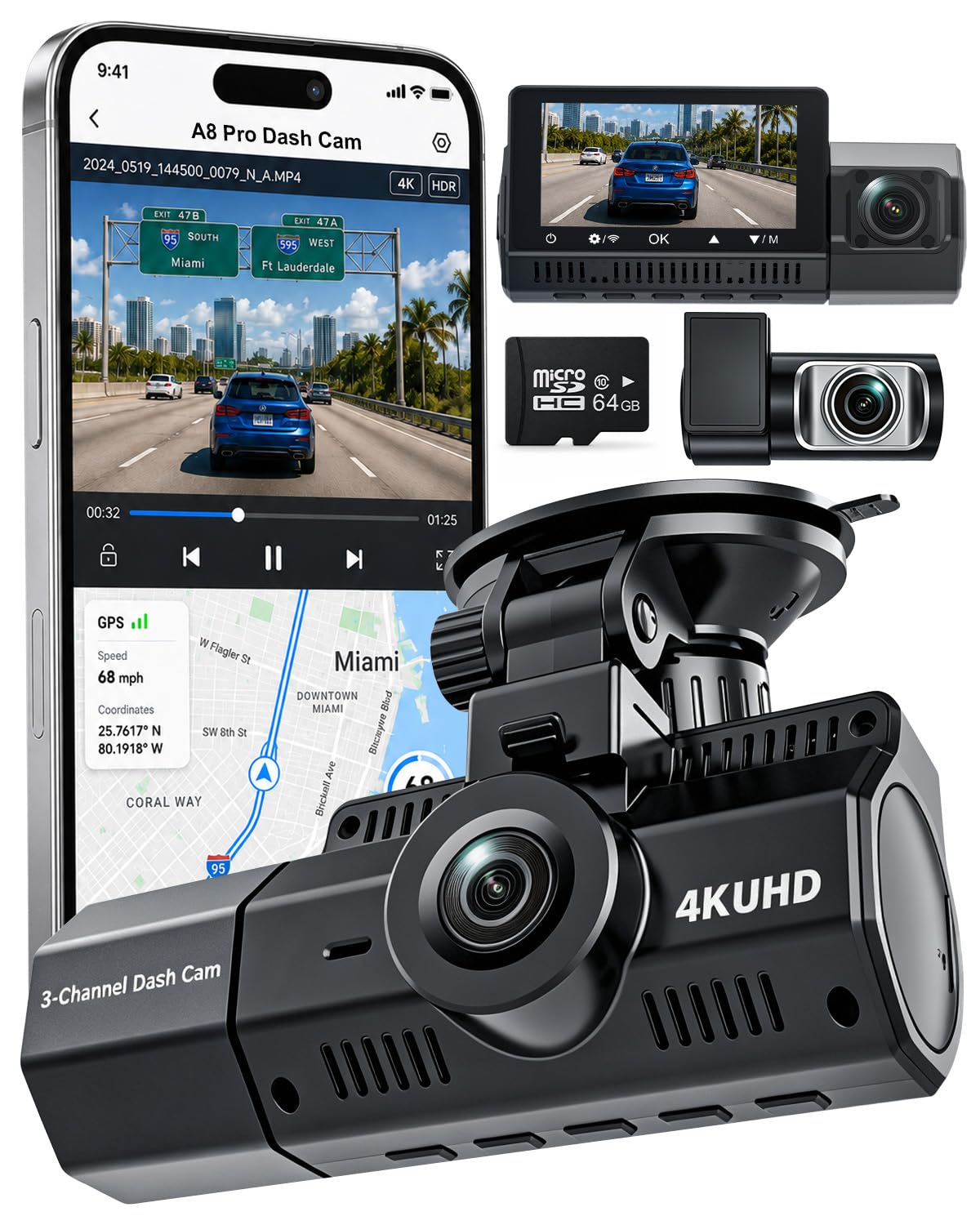 Eivikga 3 Channel Dash Cam, 4K+2.5K+2.5K, WiFi GPS, for Rideshare and Taxi | IMX