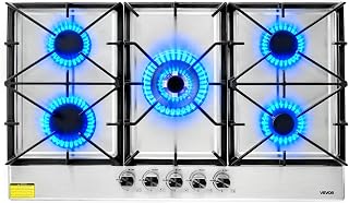 VEVOR 36 inch Gas Cooktop 5 Burners Gas Stove Top, Max 38300BTU Built-in Stainless Steel Stove Top LPG/NG Convertible Dual Fuel Cooktop Stoves with SABAF Dual-Ring Burner for Kitchen Apartment Rvs