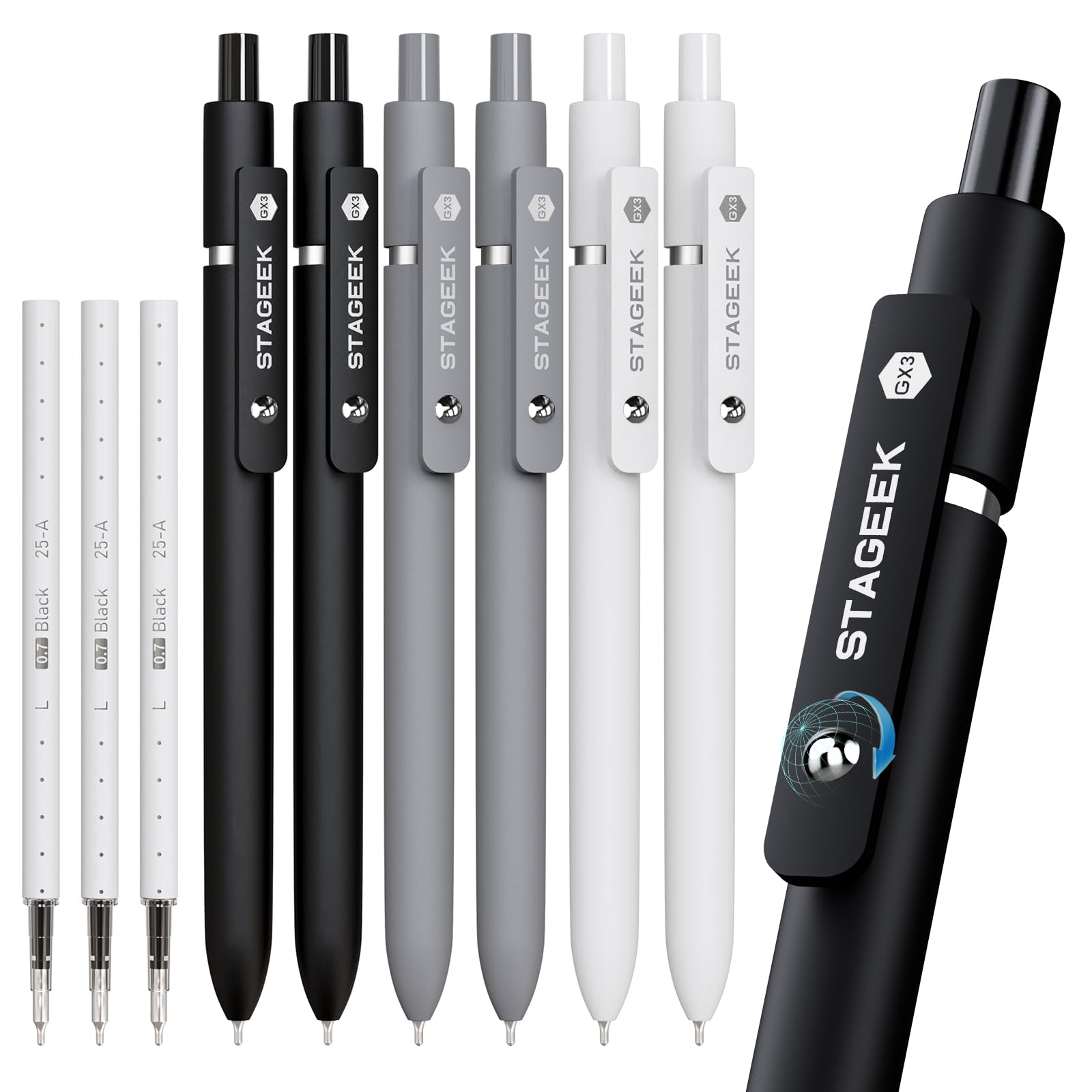 STAGEEK GX3 Black Gel Pens,6Pcs Quick Dry Smooth Writing Pen with 3 Refills | Bl