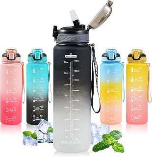 SEASEVEN Sports 1L Water Bottle with Straw for Gym,Office(Black-Grey) | Drinks Bottle,1 Litre Water Bottles with Time Markings,Girls Boys Waterbottle Leak-Proof & Bpa-Free for Outdoor