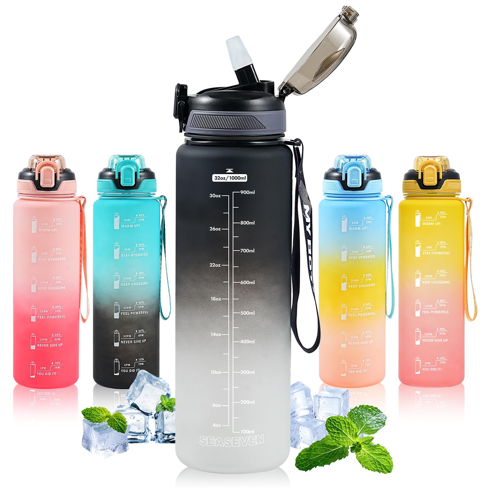 SEASEVEN Sports 1L Water Bottle with Straw for Gym,Office(Black-Grey) | Drinks B