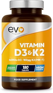 EVO Nutrition Vitamin D3 4000IU & K2 100mcg MK7, 180 Vegetarian Tablets | One a day, 6 month supply, high strength, cholecalciferol & menaquinone, made in the UK.