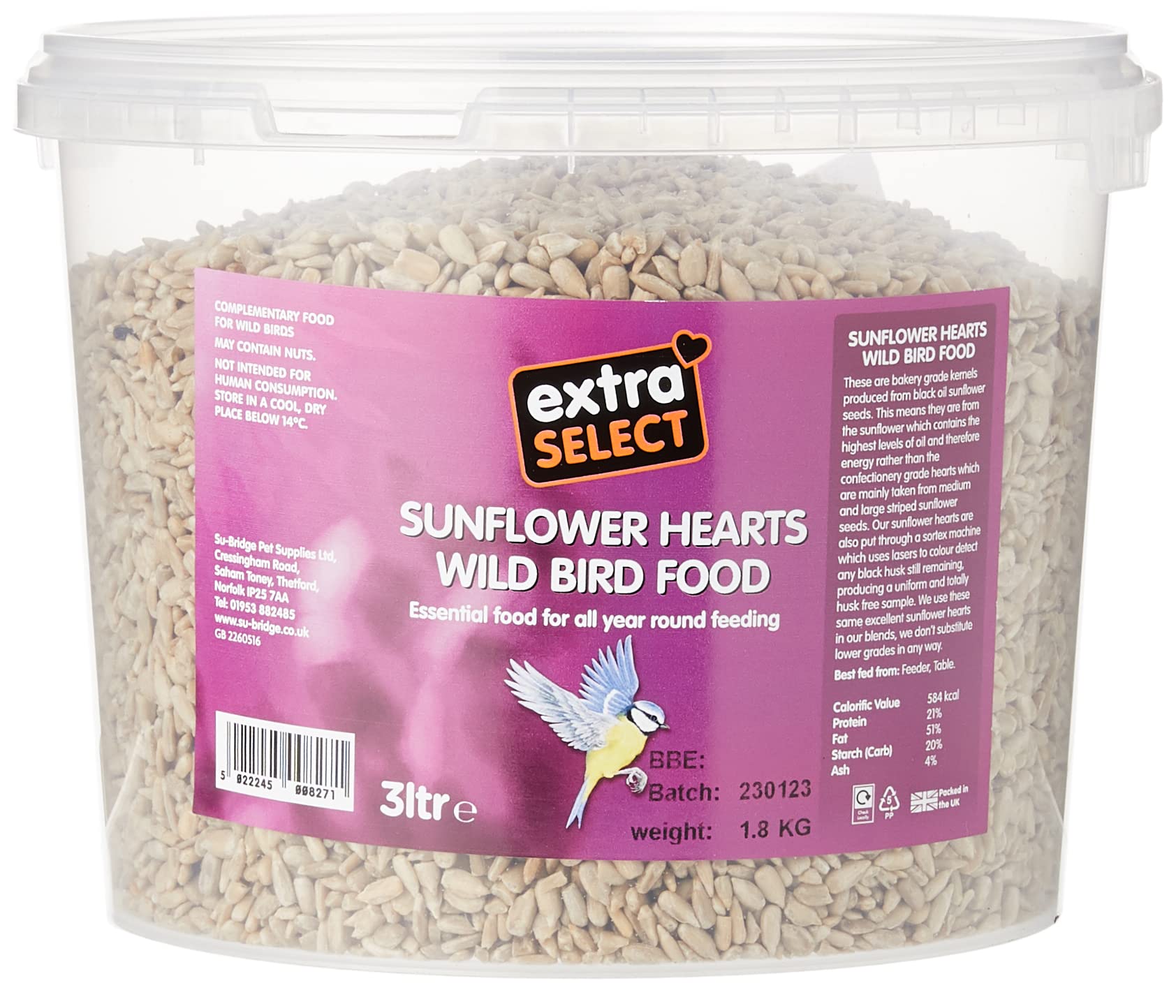 Extra Select Sunflower Hearts Bird Food - Husk-Free, Oil Rich, High Energy Wild 