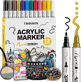 TRANSON 12 Color Bold and Fine Dual-tip Acrylic Paint Pen Set for Canvas Rock Wood Leather Ceramic DIY Painting