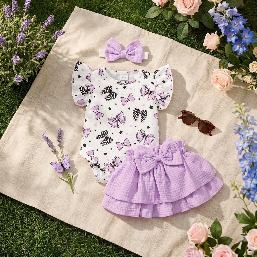Baby Girls Ribbed Flutter Sleeve Bodysuit Set with Skirt and Bow Print Headband