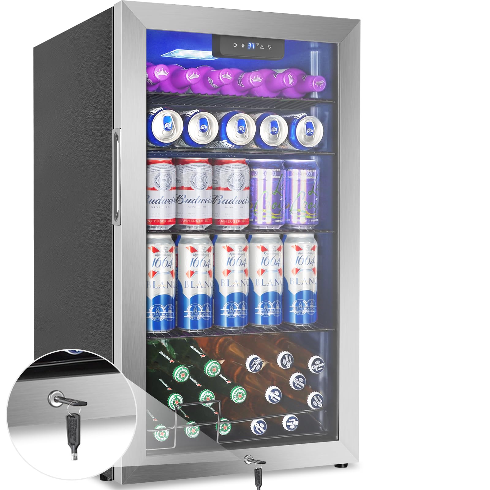 Beverage Refrigerator Mini Fridge 128can Stainless Glass Door Lock Home | 36dB Q