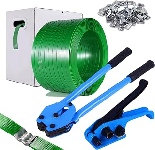 WCM Strapping Banding Strapping Kit, Pallet Strapping Kit, Packaging Banding Tool with 5/8" Wide, 1000' Length, 0.035" Thickness Polyester Strap Coil Roll and Dispense Box - Certified 1200 lbs Break