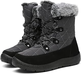 Bella Bays Women Winter Snow Boots Ladies Fur Lined Warm Outdoor Lace Up Zipper Flat Waterproof Thermal Non Slip Ankle Booties Walking Shoes Black/Grey/Red/Blue Size UK 3-9