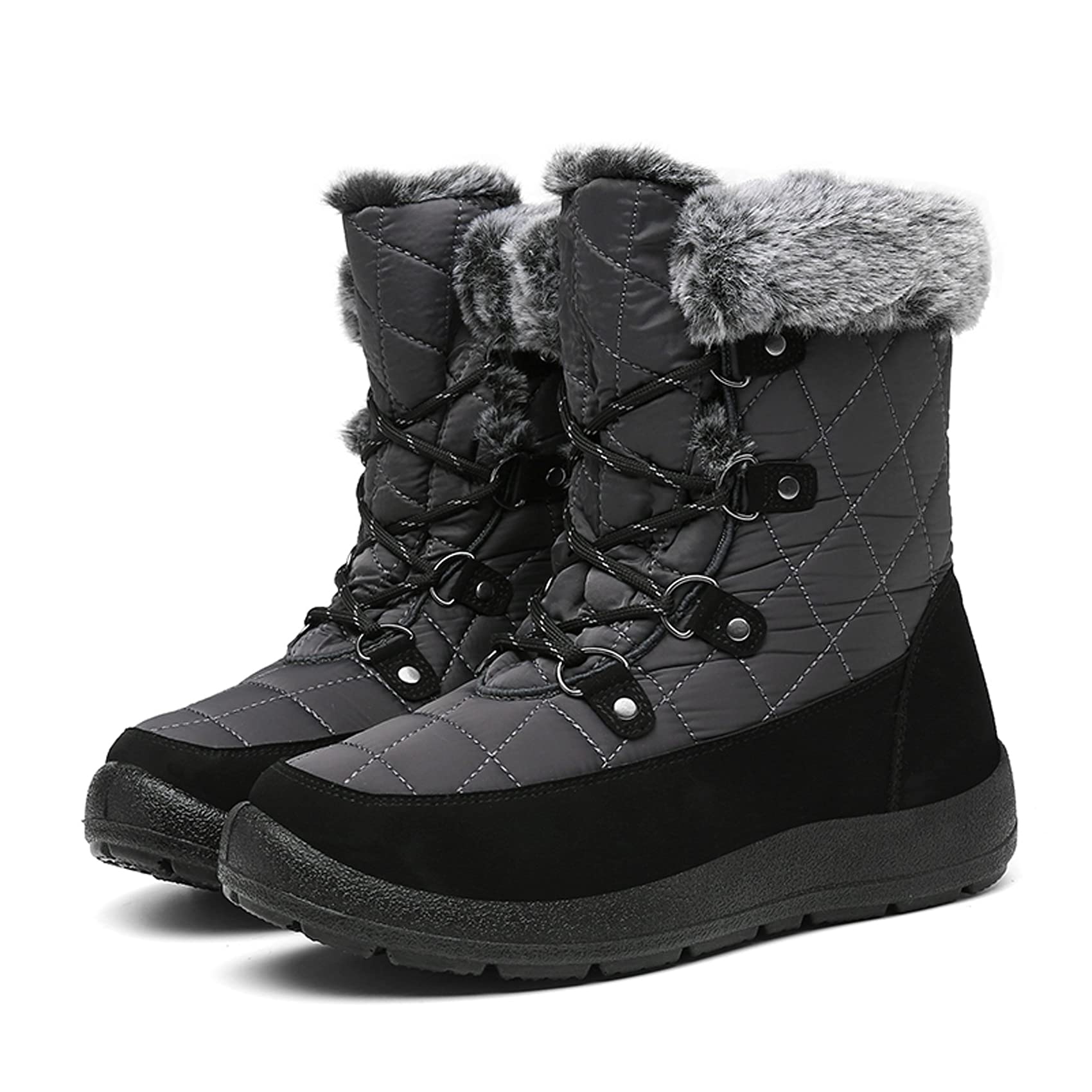 Bella Bays Women Winter Snow Boots Ladies Fur Lined Warm Outdoor Lace Up Zipper 