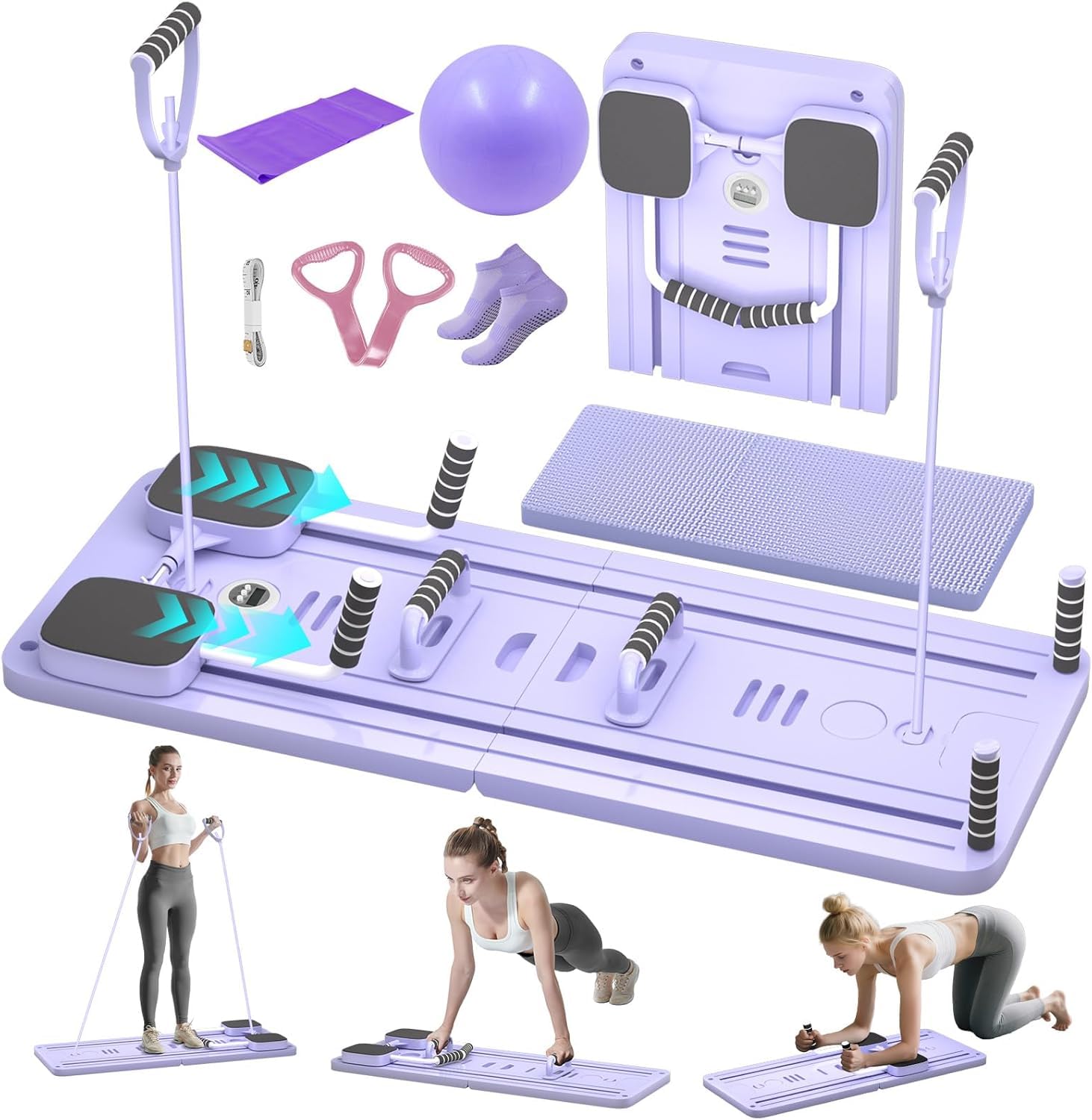 Pilates Board, Foldable Pilates Reformer Set for Home Workout with Timer, Multif