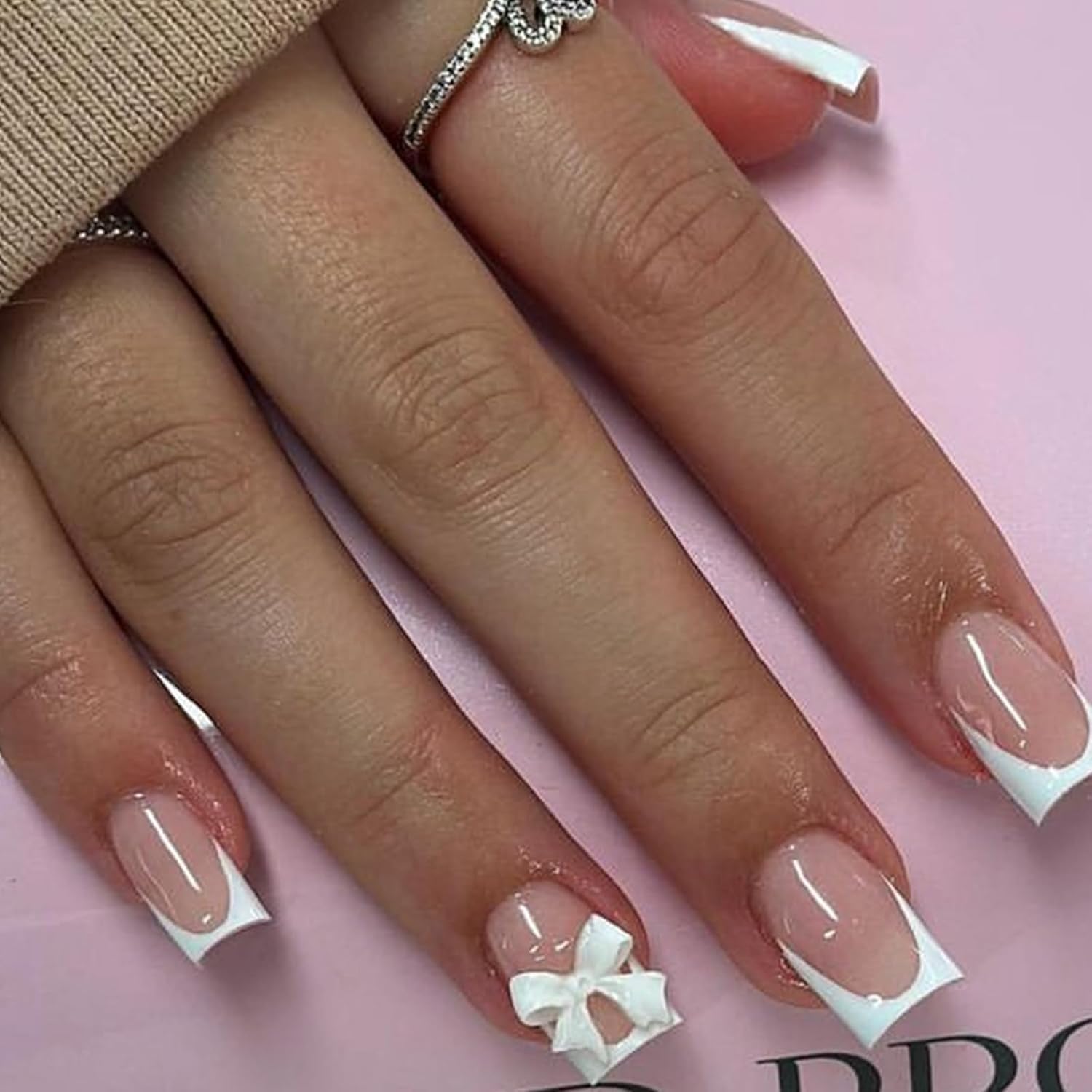 24pcs Pink White French Fake Nails Short Square Press Nails Elegant Acrylic Full