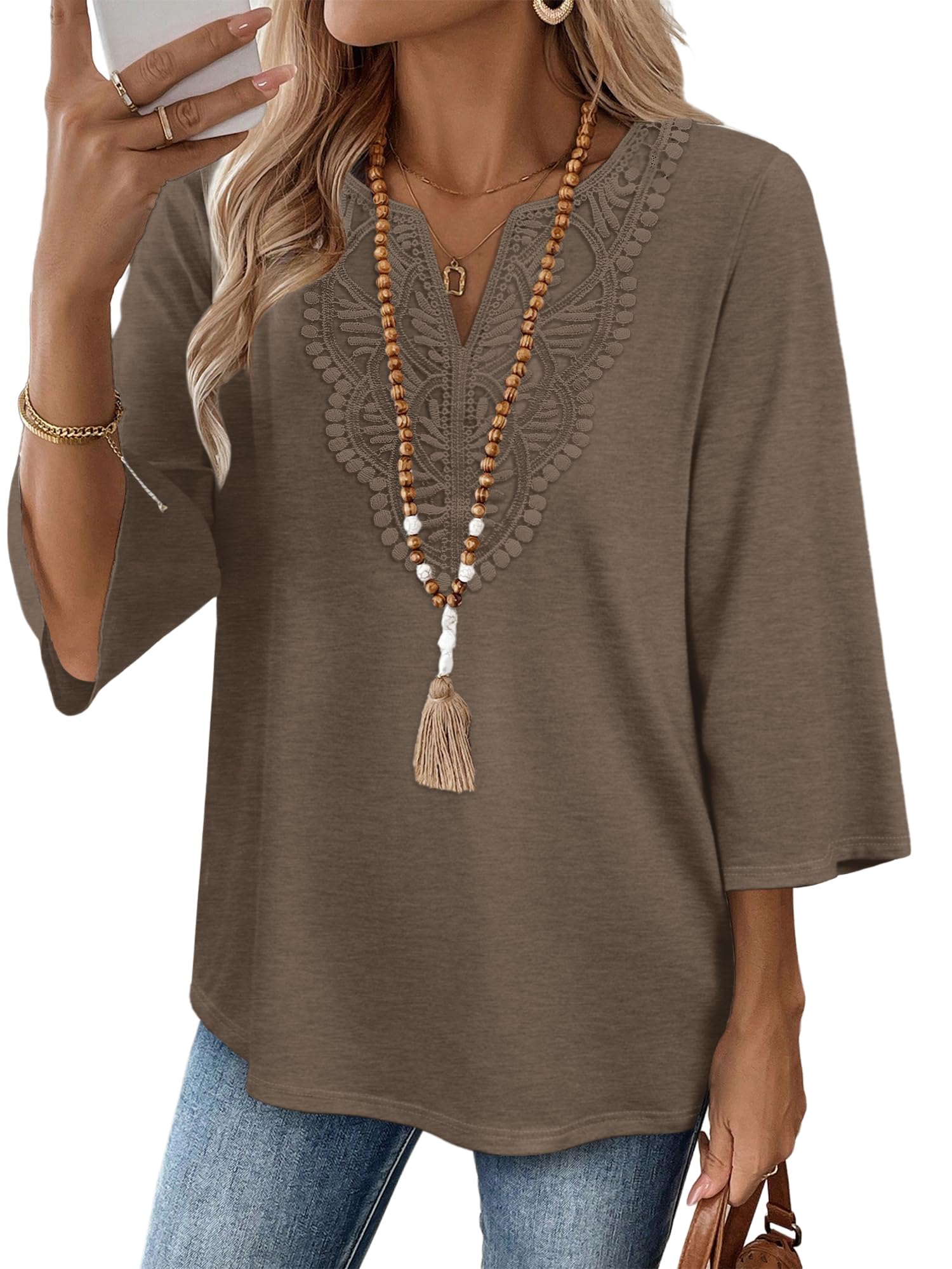 WIHOLL 3/4 Length Sleeve Womens Tops Boho V Neck Lace Shirt Trendy Blouses Dress