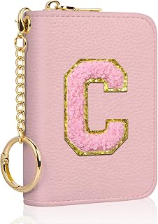 Aiawoxc Initial Credit Card Holder, Small RFID Card Wallet for Women, Slim Pocket Leather Wallet Organizer Case with Zipper & Keychain, Pink Initial C