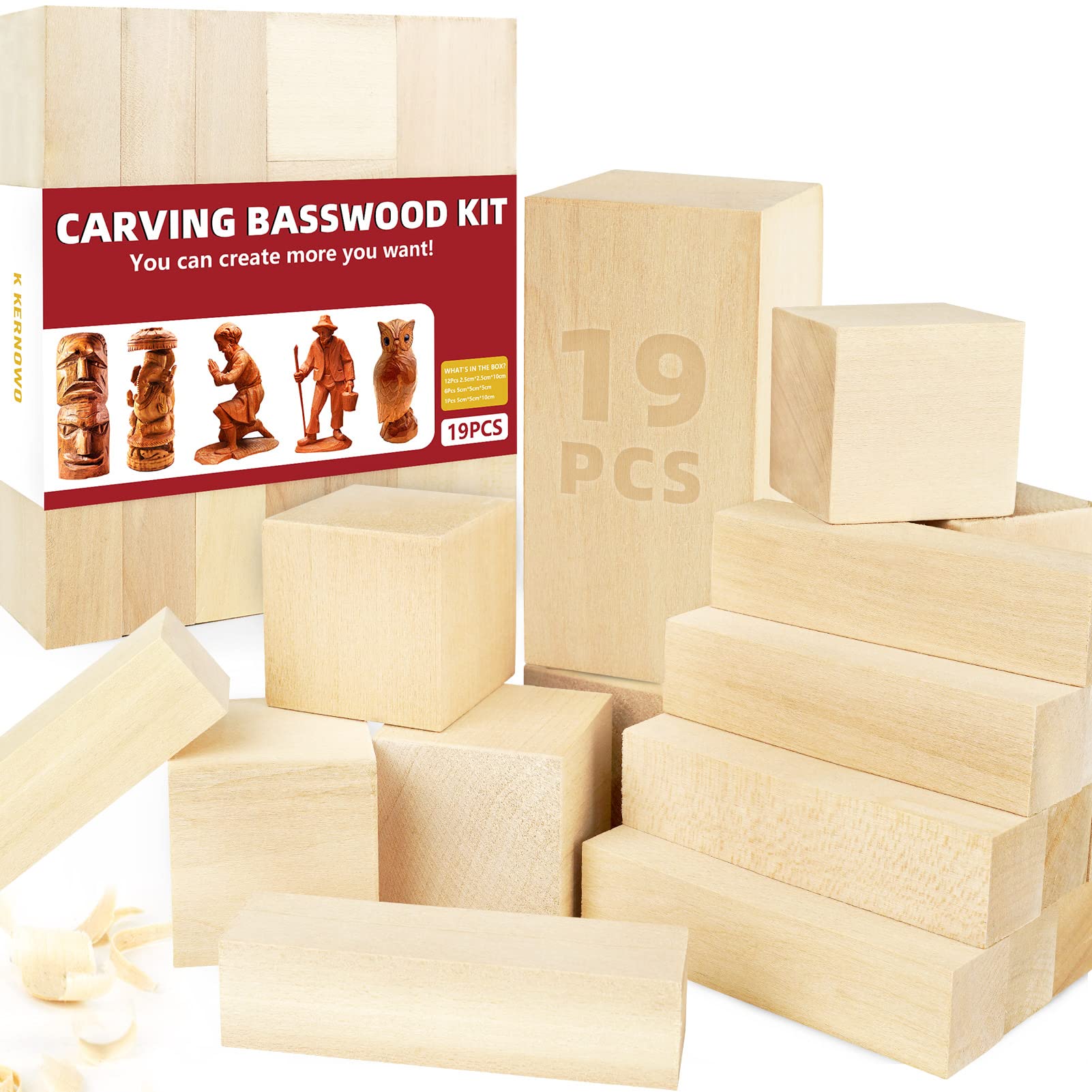 Basswood Carving Blocks, 19PCS Whittling Wood Blocks Kit with 3 Different Sizes,