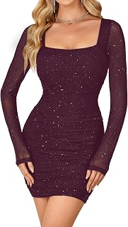 Rooscier Women's Sexy Ruched Bodycon Mini Dress Mesh Sparkly Long Sleeve Club Short Dress