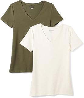 Amazon Essentials Camiseta de Manga Corta con Cuello en Pico y Corte Recto Mujer, Paquetes Múltiples