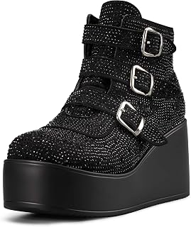 LUCKY STEP レディース プラットフォーム チャンキー アンクルブーツ - ラウンドトゥ ジッパー ウェッジ ハイヒール レイブ バックル 厚底 ゴスブーツ