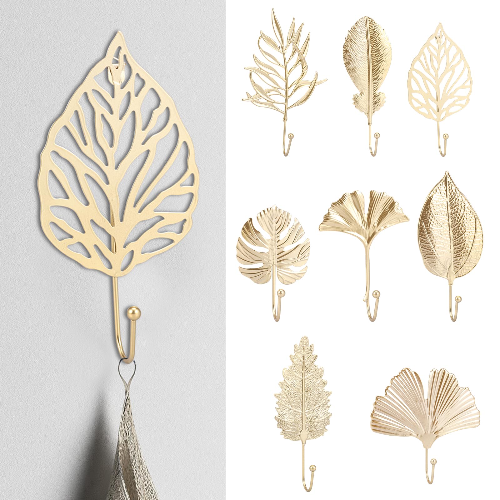 8 x Leaf Shaped Wall Hooks Decorative metal hooks Gold Hanging Clothes Towel Han