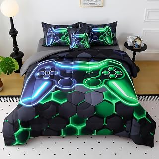 JQinHome Queen Gaming Bedding Set 6-Piece Comforter for Kids Teens - 3D Video Game Console Print Bed in a Bag with Ultra-Soft Fluffy Sheets, Blue-Green Unisex Design (Queen)