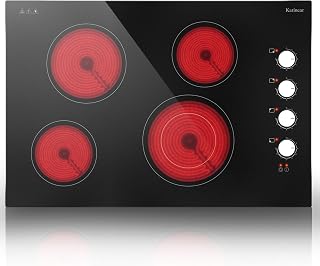 Karinear Electric Cooktop 30 Inch, 4 Burners Electric Stove Top, Drop-in | 30" Knob Control Built-in Radiant Ceramic Cooktop, Suitable for the Elderly, 6700W, 220~240V Hard Wire, No Plug, White Knob