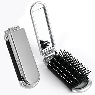 Folding Hair Brush with Mirror for Women Girls Mini Pocket Comb with Soft Nylon Bristles Compact Travel Tool for Purse Small Hairdressing Accessory Portable On the Go