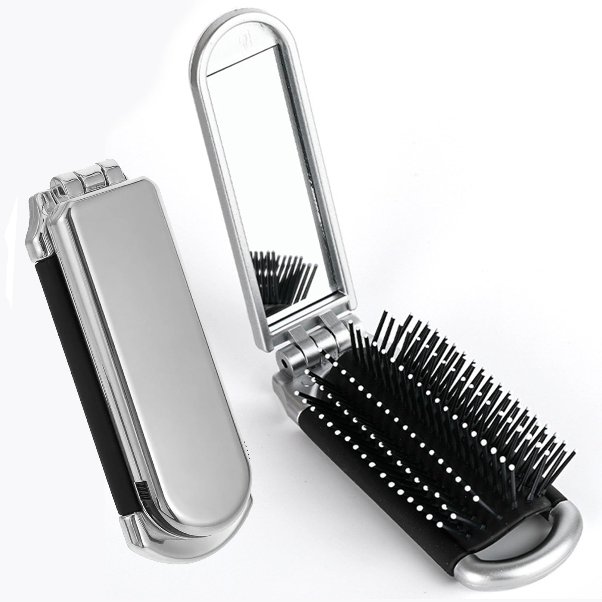 Folding Hair Brush with Mirror for Women Girls Mini Pocket Comb with Soft Nylon 