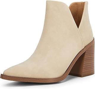 FISACE Women's Ruffled Ankle Boots V Cut Out Pointed Toe Chunky Low Heel Dressy Western Booties