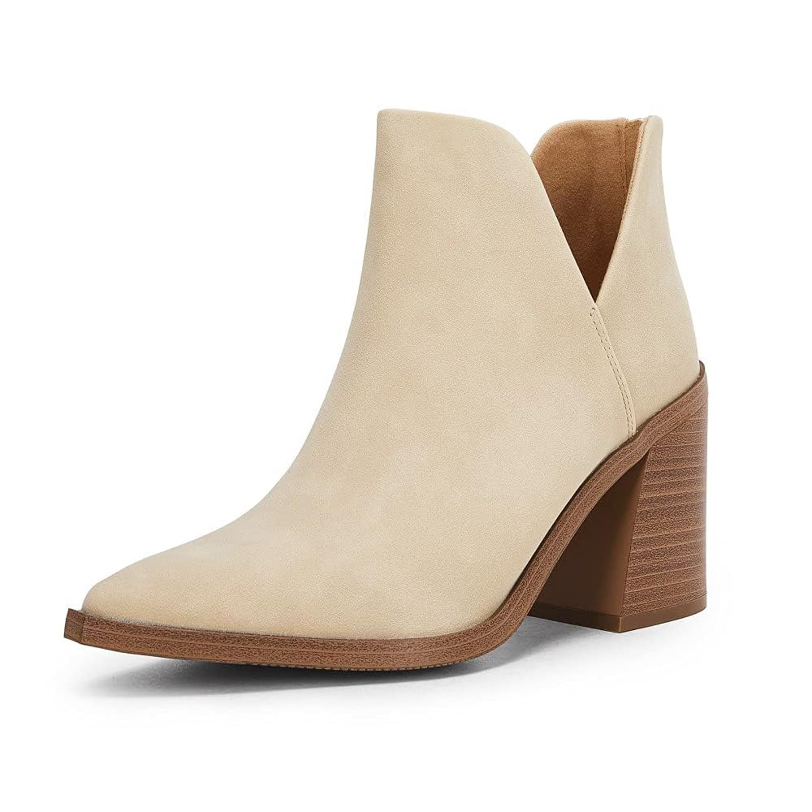 FISACE Women's Ruffled Ankle Boots V Cut Out Pointed Toe Chunky Low Heel Dressy 