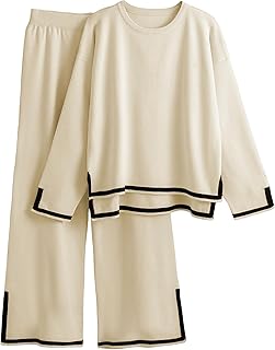 Tanming 2 Piece Outfits for Women Long Sleeve Knit Pullover Wide Leg Pants Tracksuit Set