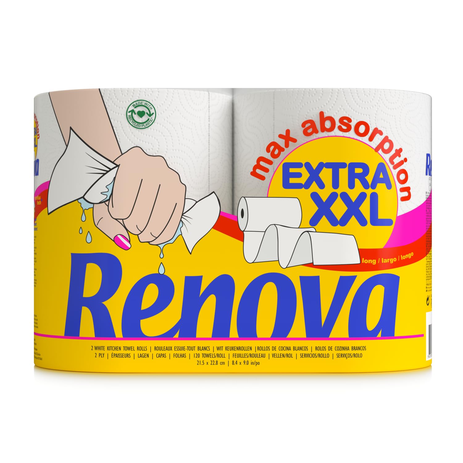 Renova Extra XXL 2-Ply White Paper Towel, 1 XXL Roll = 3 Standard Rolls, 2 Rolls