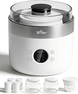 Bear Yoghurt and Cream Cheese Maker, Includes 4 Ceramic Portion Cups of 125 ml, 2 XXL Glass Containers of 1 Litre, 4 Preset Programmes for Greek Yogurt, Cheese