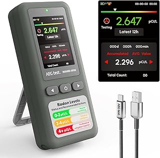 AEGTEST HOUND-1011S Portable Radon Detector, High-Accuracy Sensor for Home, Lightweight, Audible & Visual Alarms, Long-Term Monitoring, Easy-to-Use Radon Tester in pCi/L or Bq/m³ for Basement