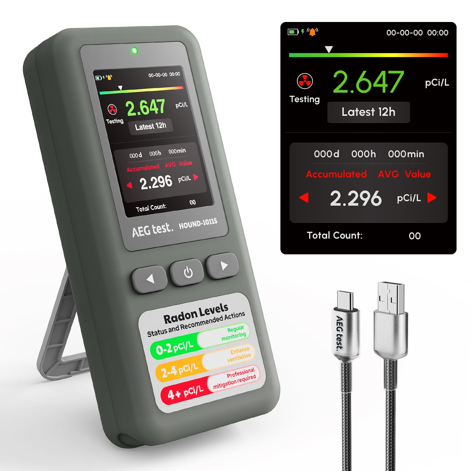 AEGTEST HOUND-1011S Portable Radon Detector, High-Accuracy Sensor for Home, Ligh