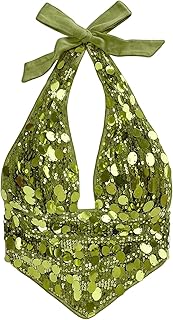 Floerns Women's Sparkly Sequin Halter Top Y2k Tie Backless Asymmetrical Hem Going Out Tank Tops