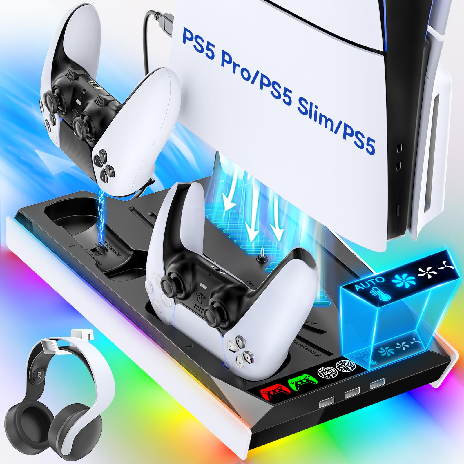 Tokluck PS5/Slim/Pro Stand with Auto Adjustable 3-Level Cooling Fan, PS5 Cooling