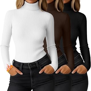 Ficerd 3 Pack Women's Ribbed Thermal Turtleneck Long Sleeve Tops