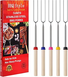 Marshmallow Roasting Sticks, Telescoping Smores Sticks for Open Fire Pit | 32 Inch Long Marshmallow Toasting Barbecue Forks S' mores Skewers for Campfire Camping Hotdog Hot Dog Bonfire Grill, 5 Pack