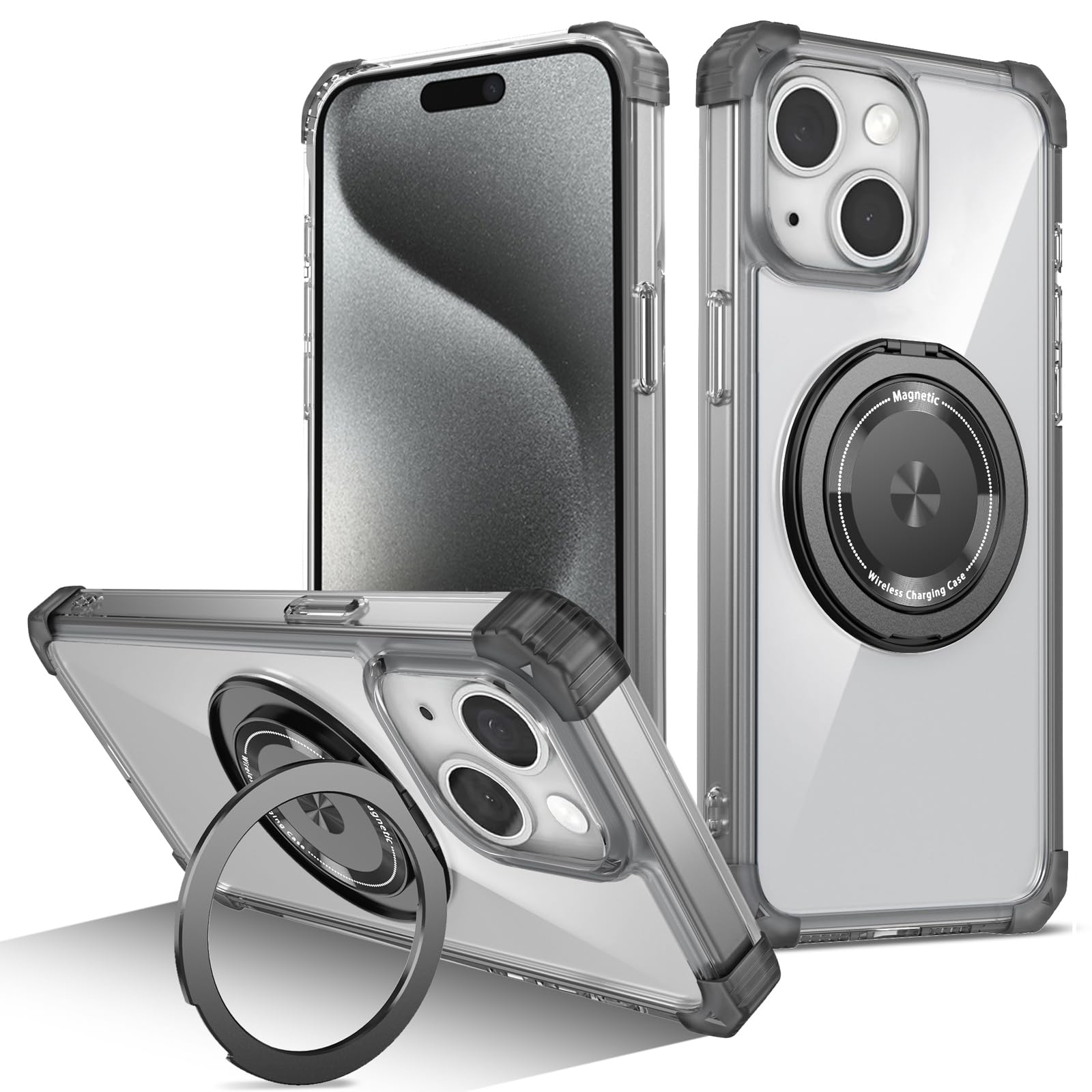 for iPhone 15 Case 360°Ring Stand Compatible with Magsafe Military Drop Protecti