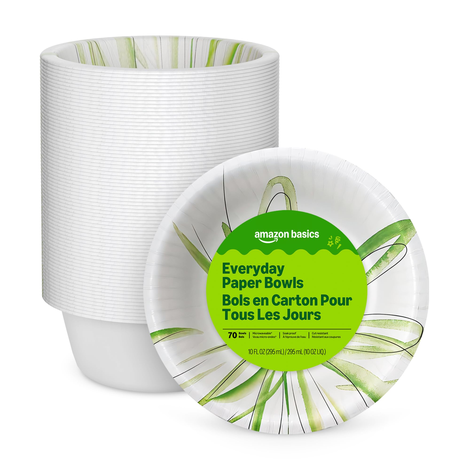Amazon Basics Everyday Paper Bowls, 10 Oz, Disposable, 70 Count, White, Packagin