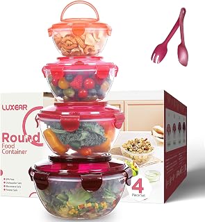 Luxear Set of 4 PP Plastic Mixing/Salad Bowls with Snap Lock Leakproof Lids, Spoon and Fork- Reusable and Easy Portability Nestable Bowls for Kitchen Storage, Dishwasher & Microwave Safe, Red