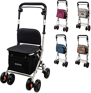 Mobiclinic®, Folding Walker, Shopping Trolley with Seat, Colosseum, Single Handle, Steel, Large Basket, Backrest and Padding, Braking System, 360º Wheels, Black