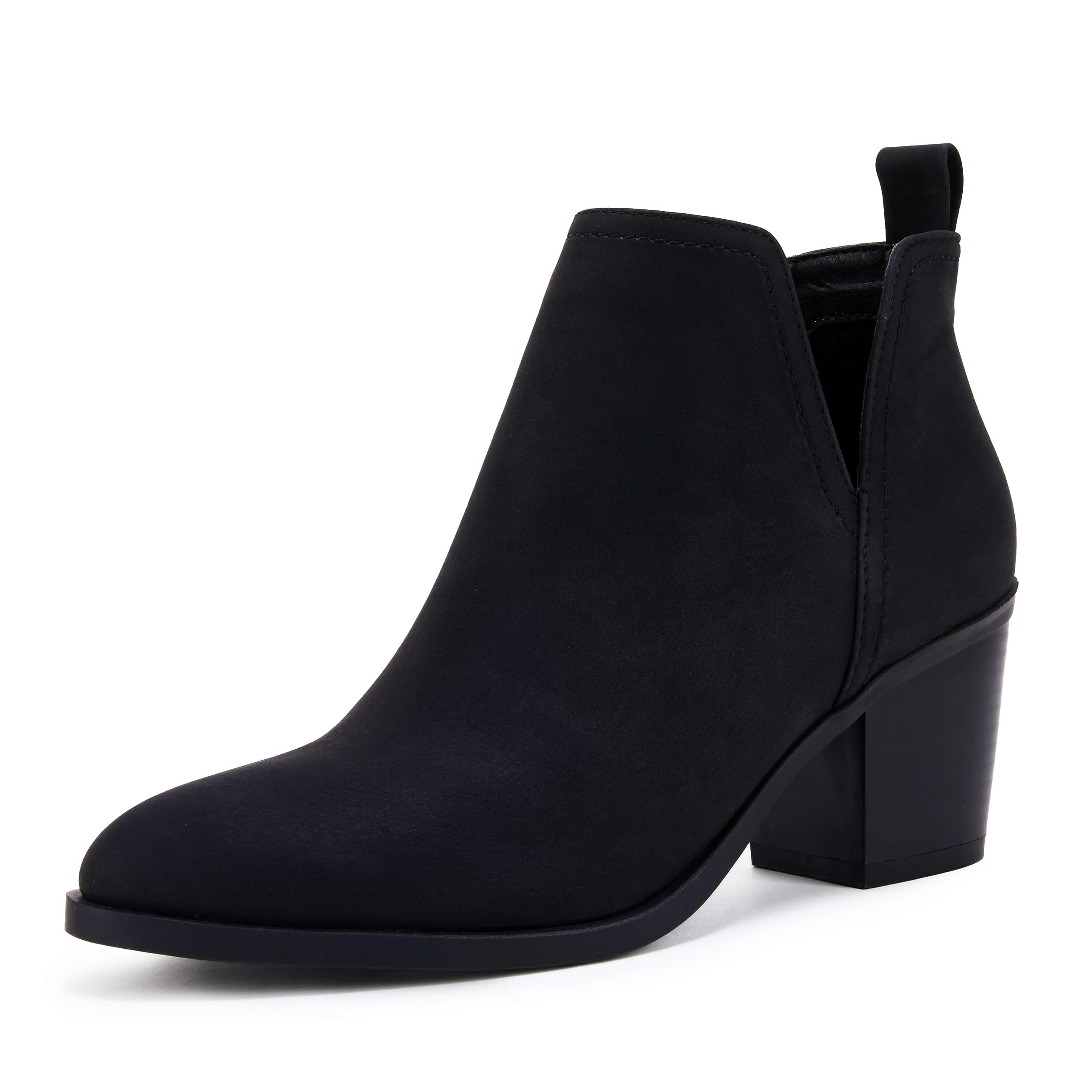 Coutgo Womens Cut Out Ankle Boots Chunky Stacked Heel Almond Toe Slip on Western
