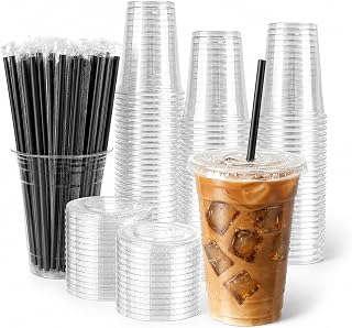 100 Pack 16 oz Clear Disposable Coffee Cups with Flat Lids & Straws