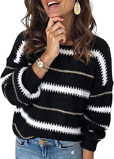 Dokotoo Womens Sweaters Color Block Long Sleeve Pullover Knit Fall Tops