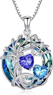 TOUPOP 925 Sterling Silver Family Tree of Life Birthstone Pendant Necklace with Blue Austrian Crystal Jewellery Mothers Day Gifts for Mum Birthday Gifts for Women Her Girlfriend