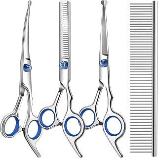 Professional 4 in 1 Dog & Cat Grooming Scissors Kit with Safety Round Tips,Sharp & Durable,Dog Shears for Grooming - Includes Straight, Curved, Thinning Scissors and Comb - Premium Pet Supplies