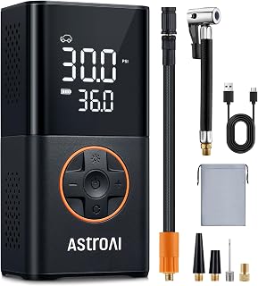 AstroAI Car Tyre Inflator Air Compressor, Cordless Battery Bike Pump 150PSI | Digital Dual Values Display, Electric Tyre Pump with Pressure Gauge, Extended Hose 5 Valves for Car Bicycle Motorcycle Ball
